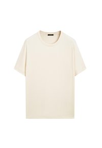 T-shirt met korte mouwen in off-white, gemaakt van zacht katoen met een ronde hals en een relaxte pasvorm. Minimalistisch ontwerp, geen zichtbare patronen of accenten.