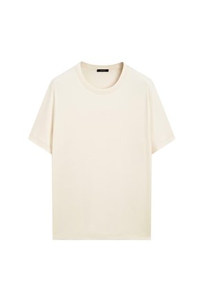 T-shirt met korte mouwen in off-white, gemaakt van zacht katoen met een ronde hals en een relaxte pasvorm. Minimalistisch ontwerp, geen zichtbare patronen of accenten.