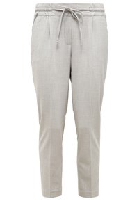 Ljust grå byxor med dragsko i midjan, med en slät yta, avsmalnande ben och sidofickor.