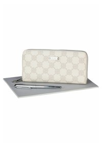 White leather wallet with embossed geometric pattern, silver zipper detail, placed on a gray notepad with a silver pen.
