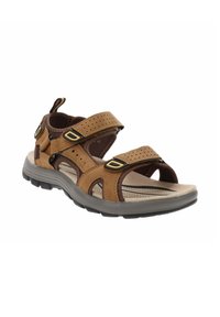 Sandalias de cuero marrón con correas perforadas, hebillas ajustables, plantilla acolchada, suela de goma ligera y diseño de punta abierta.