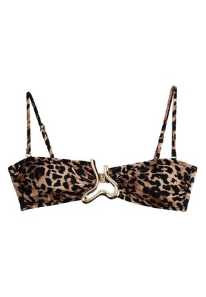 Top bikini con stampa leopardata, sottili spalline regolabili e una fibbia dorata astratta distintiva al centro davanti.