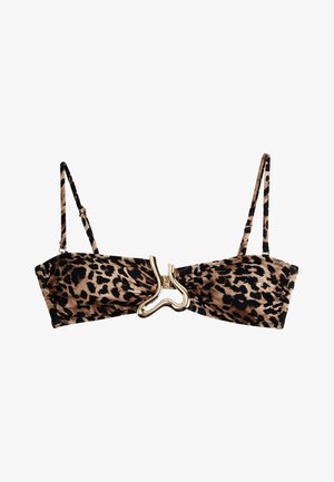 Top bikini con stampa leopardata, sottili spalline regolabili e una fibbia dorata astratta distintiva al centro davanti.