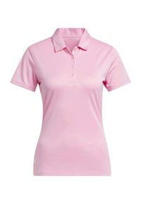 Polo rose pâle à manches courtes avec un col et quatre boutons, présenté sur un fond blanc uni.