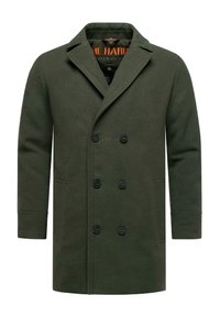Zeleno-olivový dvojradový kabát vyrobený z vlnenej zmesi, obsahujúci čierne gombíky a bočné vrecká, s dizajnom klopového goliera.