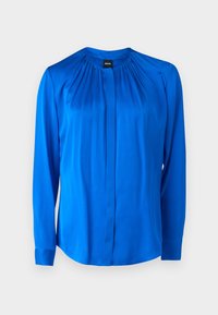 Klart blå långärmad blus med plisseringar nära kragen och dolda knappar framtill, med en ställbar krage och manschetter.