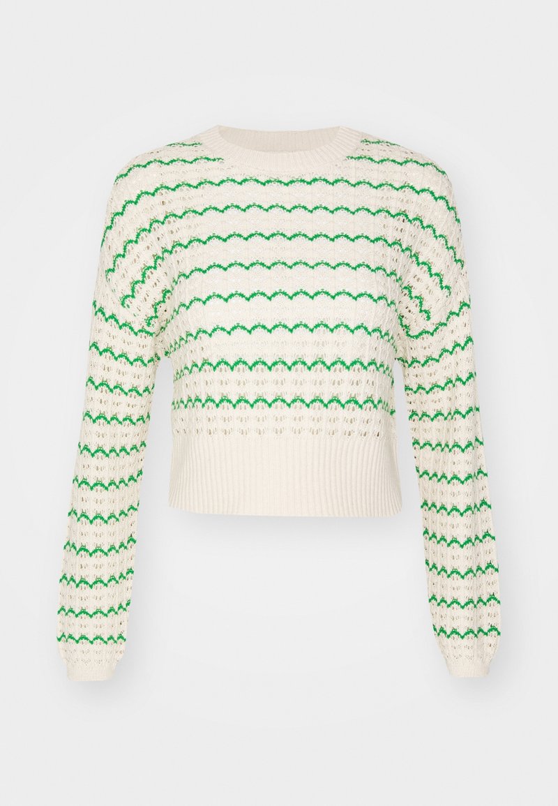 Pull en maille crème avec des rayures horizontales ondulées vertes, manches longues, et poignets et ourlet côtelés.