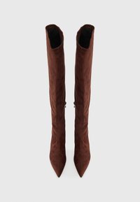 Bottes hautes en suède marron, avec un design à bout pointu et des détails de couture, dotées d'une doublure intérieure noire et d'une silhouette élégante.