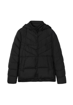 Giacca a vento nera con cappuccio, caratterizzata da una chiusura con bottoni, texture trapuntata e due tasche laterali. Design casual a taglio dritto.
