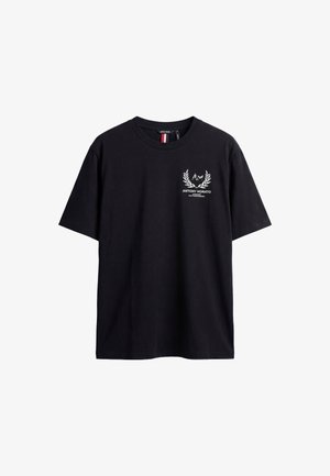 T-shirt noir à manches courtes avec un petit logo blanc Antony Morato et un motif de couronne de laurier sur le côté gauche de la poitrine.