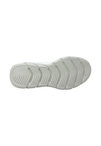 Semelle de chaussure de sport blanche avec un motif ondulé, une surface texturée pour l'adhérence et un design segmenté distinct pour la flexibilité et la traction.