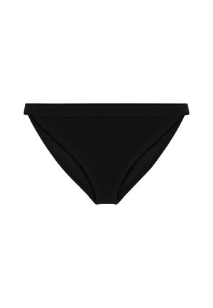 Fekete bikini alsó sima textúrával, minimalista dizájnnal és alacsony derekú szabással. Tiszta derékpánttal és elasztikus szélekkel rendelkezik.