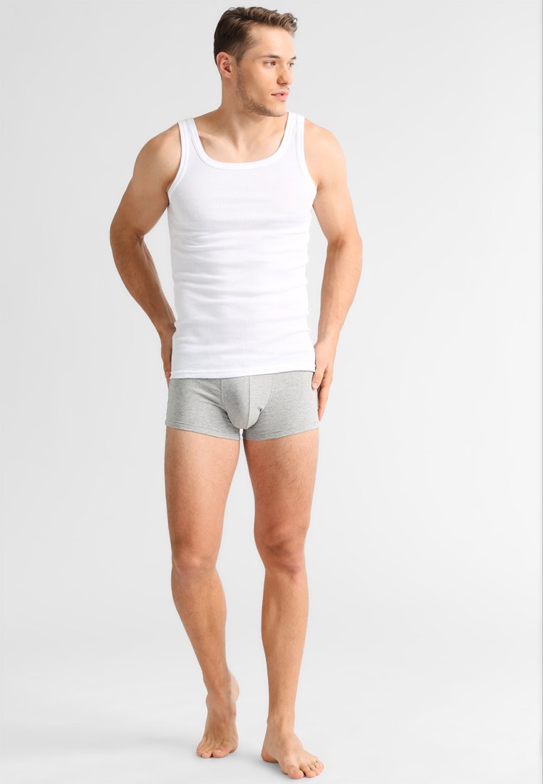 White ribbed tank top and gray boxer briefs. The tank top has a scoop neck, and the briefs feature a fitted design with an elastic waistband.