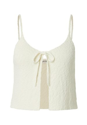 Cremig strukturierter ärmelloser Cropped-Top mit dünnen Trägern und einer vorderen Bindung über einem offenen Schlitz.