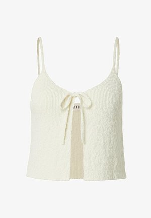 Cremig strukturierter ärmelloser Cropped-Top mit dünnen Trägern und einer vorderen Bindung über einem offenen Schlitz.