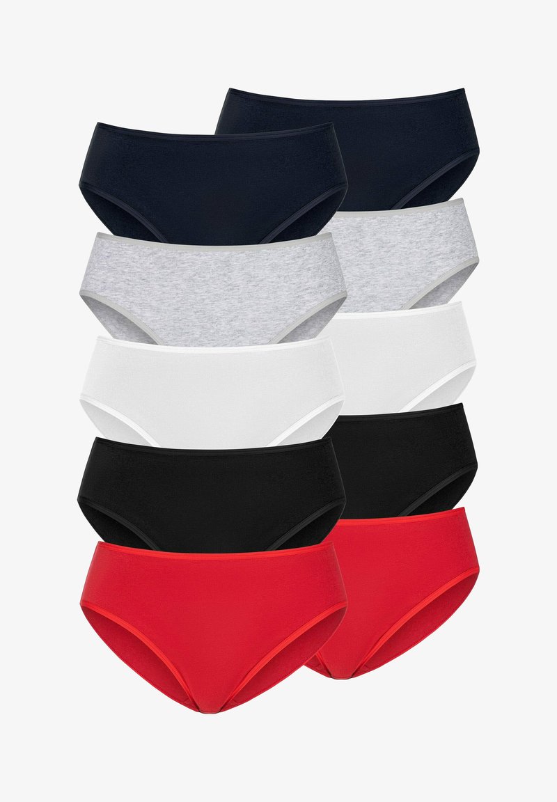 Zehn Paare Damenunterwäsche in verschiedenen Farben: dunkelblau, grau, weiß, schwarz und rot. Hergestellt aus glattem Stoff, mit einem nahtlosen Design.