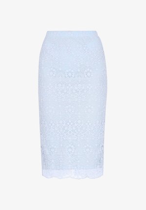 Gonna in pizzo blu chiaro con intricati motivi floreali, design aderente e orlo a scallop. Il materiale presenta una finitura delicata e testurizzata.