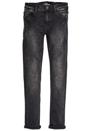 Jean slim noir avec texture délavée, fermeture avant par bouton et fermeture éclair, cinq poches et ourlets retroussés.