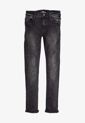 Sorte slim-fit jeans med falmet tekstur, foran knap- og lynlås-lukning, fem lommer og opkrogede manchetter.