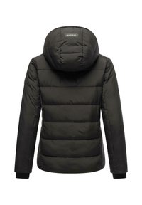 Black puffer jacket with a hood, featuring a quilted design and elastic cuffs. The brand label, "MARIKOO," is positioned on the hood.