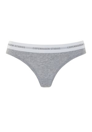 Gray cotton thong with a white waistband featuring "COPENHAGEN STUDIOS" in gray text. Smooth texture and a form-fitting design.