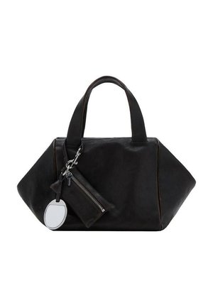 Black leather handbag with a geometric design, two short handles, and a detachable zipper pouch with a round mirror charm.