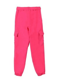 Pantaloni cargo rosa con vita elasticizzata, due tasche laterali e polsini elasticizzati alla caviglia. Realizzati in tessuto leggero.