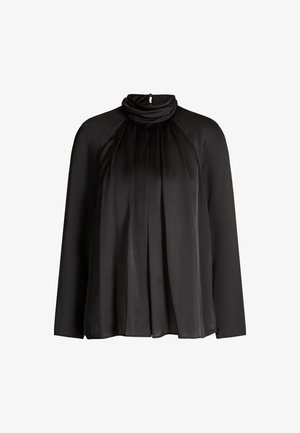 Blouse en satin noir avec un col drapé haut, un détail plissé à l'avant et des manches longues. Texture lisse, coupe décontractée. Fermeture éclair à l'arrière.