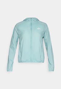 Veste légère à capuche de couleur vert menthe. Présente une fermeture éclair intégrale, des poignets élastiques et un petit logo sur la poitrine. Texture lisse.