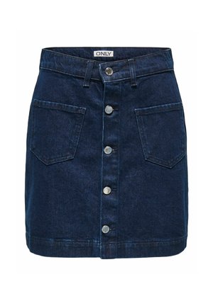 Mørkeblå denimnederdel med fem knapper foran, to skrå lommer, en tætsiddende talje og en lige silhuet.