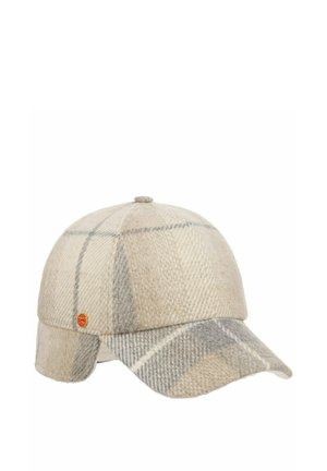 Beige and gray plaid wool cap with a curved brim and ear flaps, featuring a small round orange logo on the side.