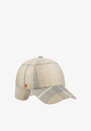 Beige and gray plaid wool cap with a curved brim and ear flaps, featuring a small round orange logo on the side.