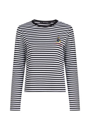 Langärmelig gestreept shirt in zwart en wit, met een ronde hals en een klein geborduurd figuurtje op de borst. Zachte stof.