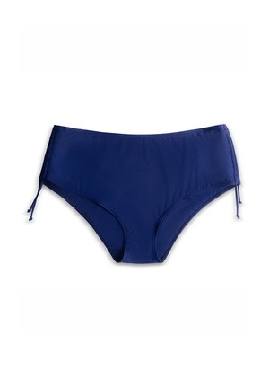 Wysokie majtki bikini w kolorze granatowym z regulowanymi wiązaniami po bokach na jednolitym białym tle.