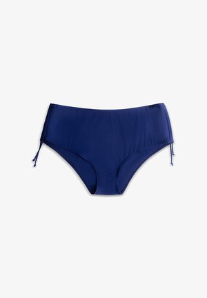 Wysokie majtki bikini w kolorze granatowym z regulowanymi wiązaniami po bokach na jednolitym białym tle.