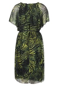 Durchsichtiges Kleid mit schwarz-grünem Zebra-Print, lockeren kurzen Ärmeln, elastischem Ausschnitt und einem Taillenbandsdesign.