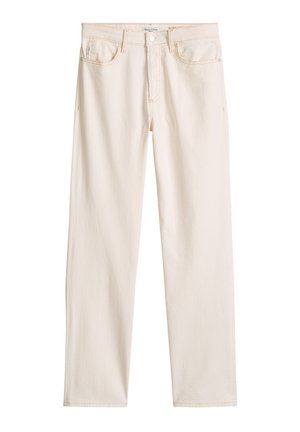 Jeans in Off-White mit geradem Bein, vorne mit Knopf- und Reißverschluss, Gürtelschlaufen und Fünf-Taschen-Design, auf weißem Hintergrund dargestellt.