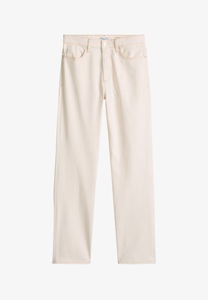 Jeans in Off-White mit geradem Bein, vorne mit Knopf- und Reißverschluss, Gürtelschlaufen und Fünf-Taschen-Design, auf weißem Hintergrund dargestellt.