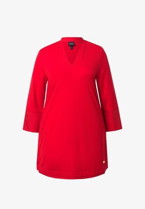 Rotes Tunika-Oberteil mit V-Ausschnitt, drei Viertelärmeln und lockerer Passform. Glattes Material und ein kleines goldfarbenes Detail am Saum.