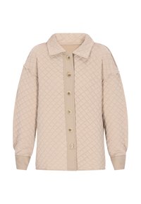 Beige gesteppte Hemdjacke mit Knopfleiste, klassischem Kragen und langen Ärmeln. Verfügt über ein strukturiertes Rautenmuster und tonale Manschetten.