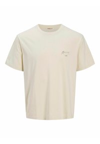 Cremefarbene Baumwoll-T-Shirt mit kurzen Ärmeln, rundem Ausschnitt und einem kleinen Logo-Druck auf der linken Brustseite. Weiche Textur und lässige Passform.
