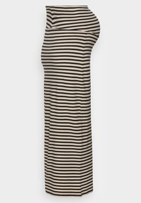 Stribet kjole i beige og sort, med en tætsiddende overdel og en svajende nederdel, lavet af blødt, strækbart stof med en glat tekstur.