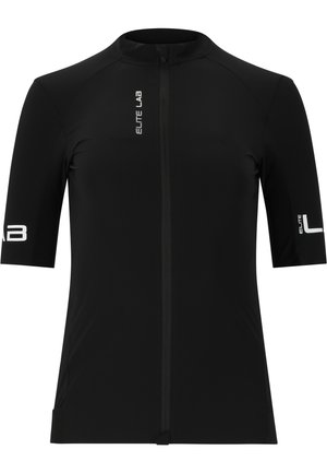 Schwarzes kurzärmliges Fahrradtrikot mit einem Reißverschluss vorne und "ELITE LAB"-Branding am linken Arm. Hergestellt aus dehnbarem, glattem Stoff.