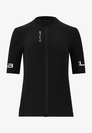 Sort cykeltrøje med korte ærmer, fuld lynlås foran og præget "ELITE LAB"-logo i hvid på ærmerne. Glat, elastisk stof.