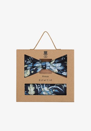 Fliegen-Set mit einem floralen Muster auf schwarzem Hintergrund. Material: Stoff. Enthält ein passendes Taschentuch. Wird in einer Kraftpapier-Box geliefert.