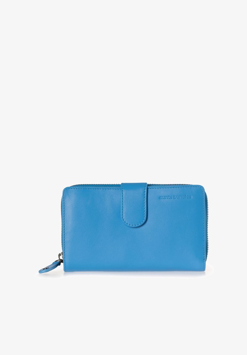 Blue leather wallet with a zip closure, smooth texture, and a snap-button flap. Features embossed branding on the front.