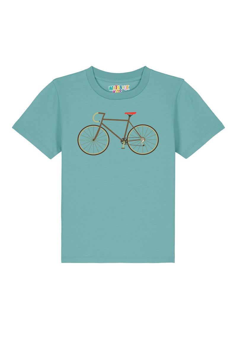 T-shirt bleu clair avec un graphique simple d'un vélo marron, comportant un siège rouge et un guidon jaune, fabriqué en matériau en coton doux.