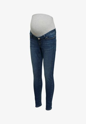 Gravidjeans i mörkblå denim med en stretchig grå midjeresår, med smal passform och standard femficksdesign.