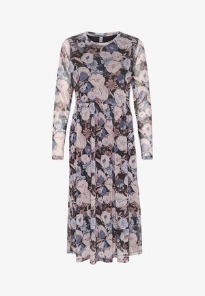 Langärmliges Blumenkleid mit tailliertem Oberteil und fließendem Rock, mit schwarzem Hintergrund, pastellfarbenen Blumen und rundem Halsausschnitt.