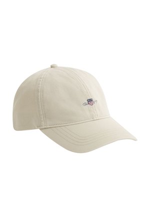 Beige Baseballkappe mit gebogenem Schirm und kleinem, auf der rechten Vorderseite gesticktem Logo.